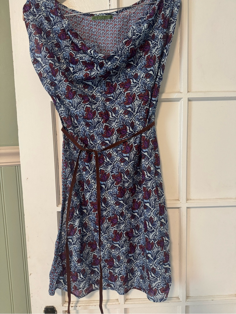 Velvet Blue Floral Cowl Midi Dress with Brown Belt
